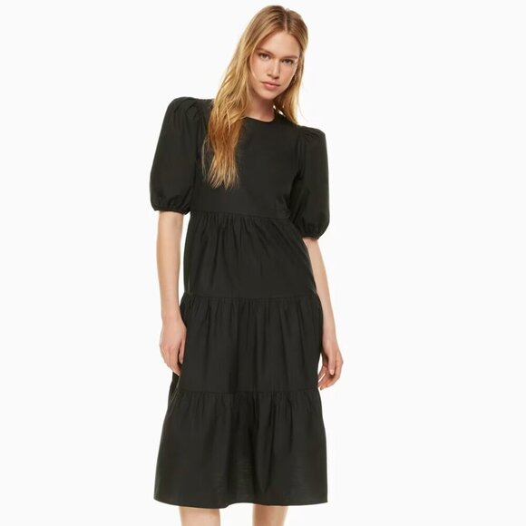 Aritzia Little Moon Delphi Poplin Dress Puff-Sleeve Tiered Women's Size S Black - Picture 1 of 11